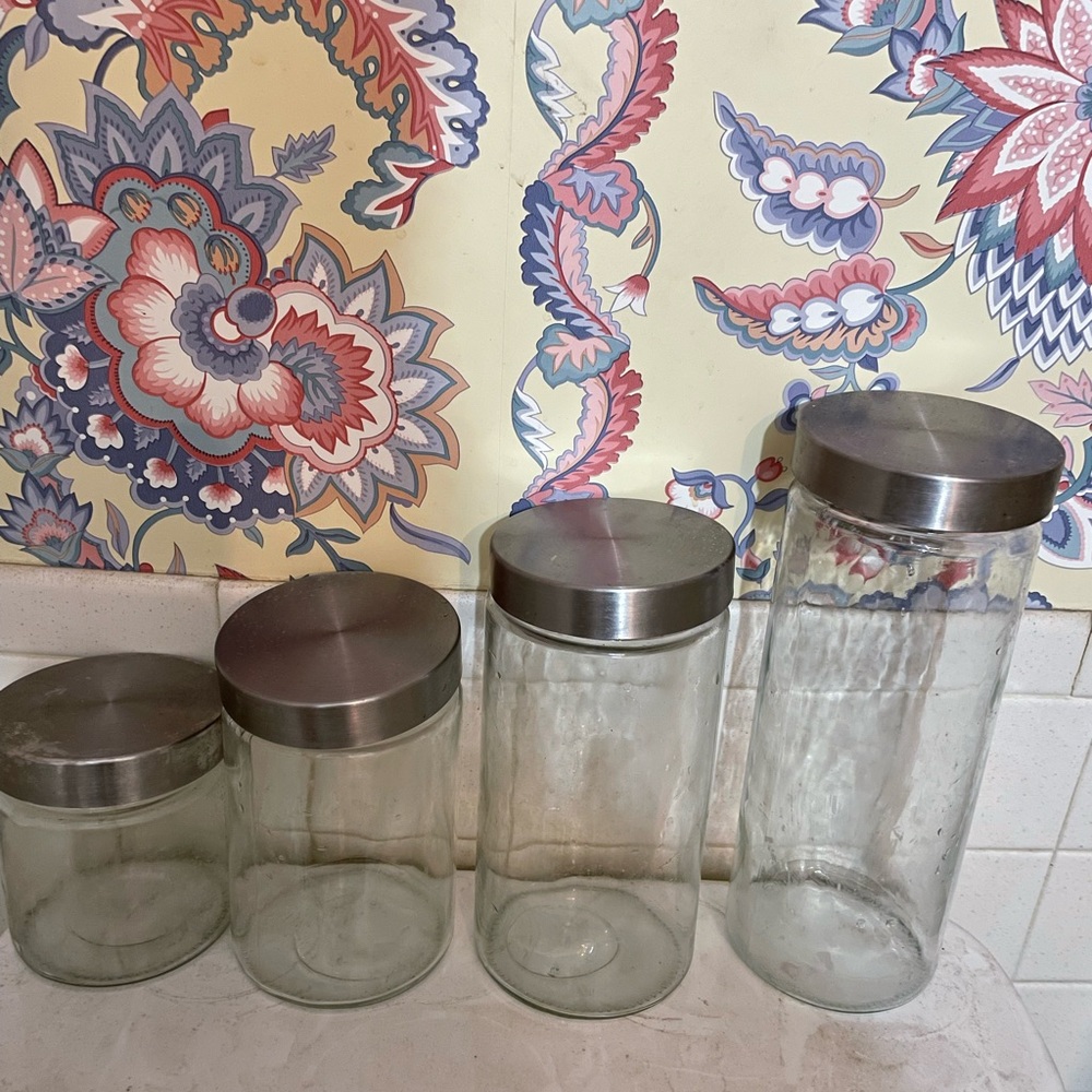 Mainstays Glass Storage Canisters with Stainless Steel Lids, 4 Piece Set